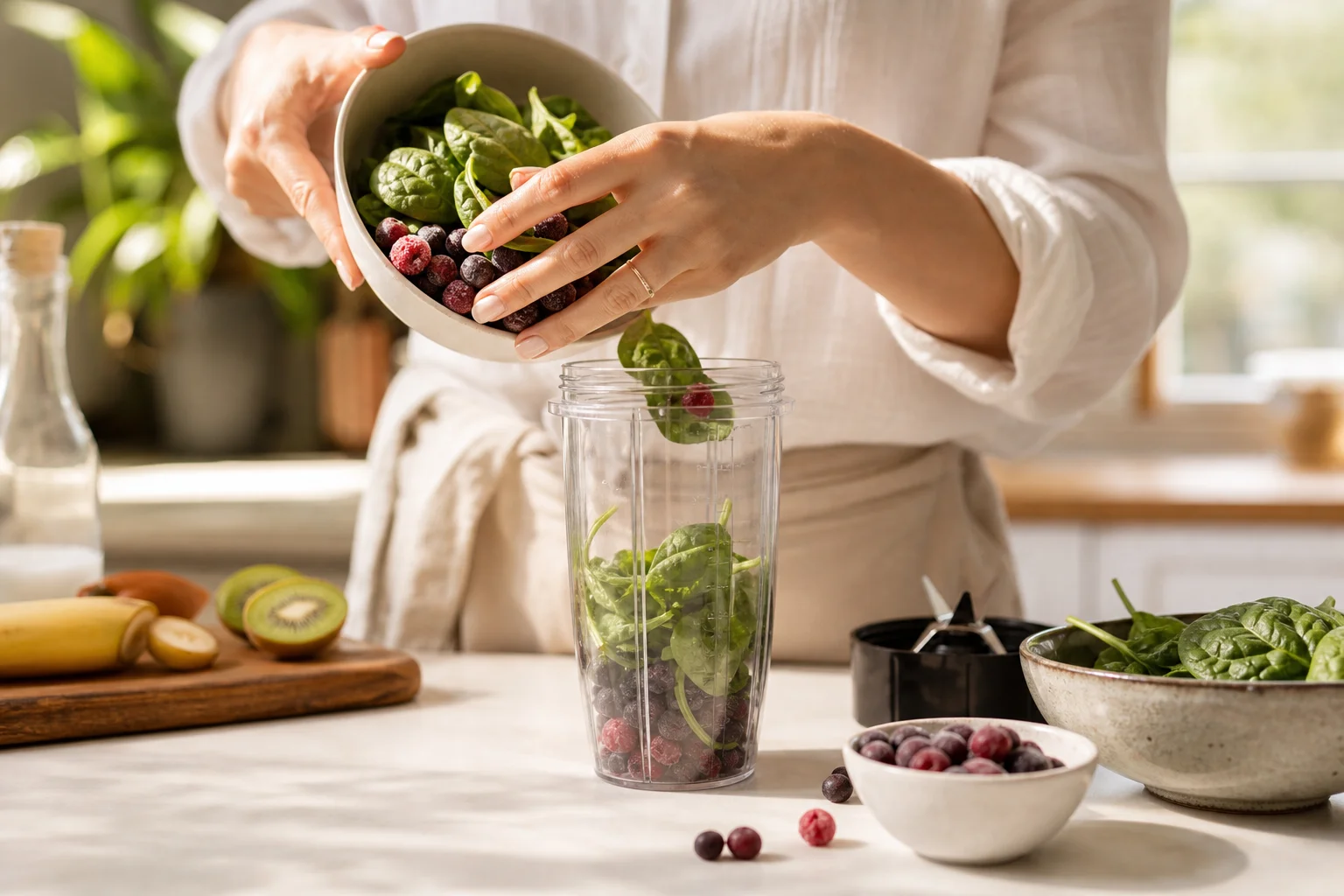 一個人正在果汁機中準備含有綠色蔬菜和冷凍水果的綠色果昔