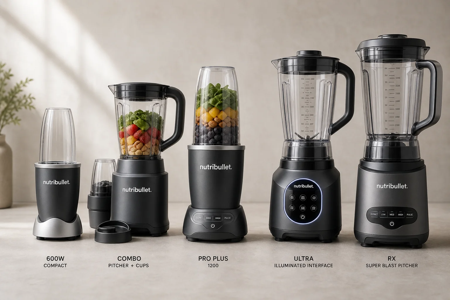 五款 NutriBullet 果汁機依大小排列在水泥檯面上