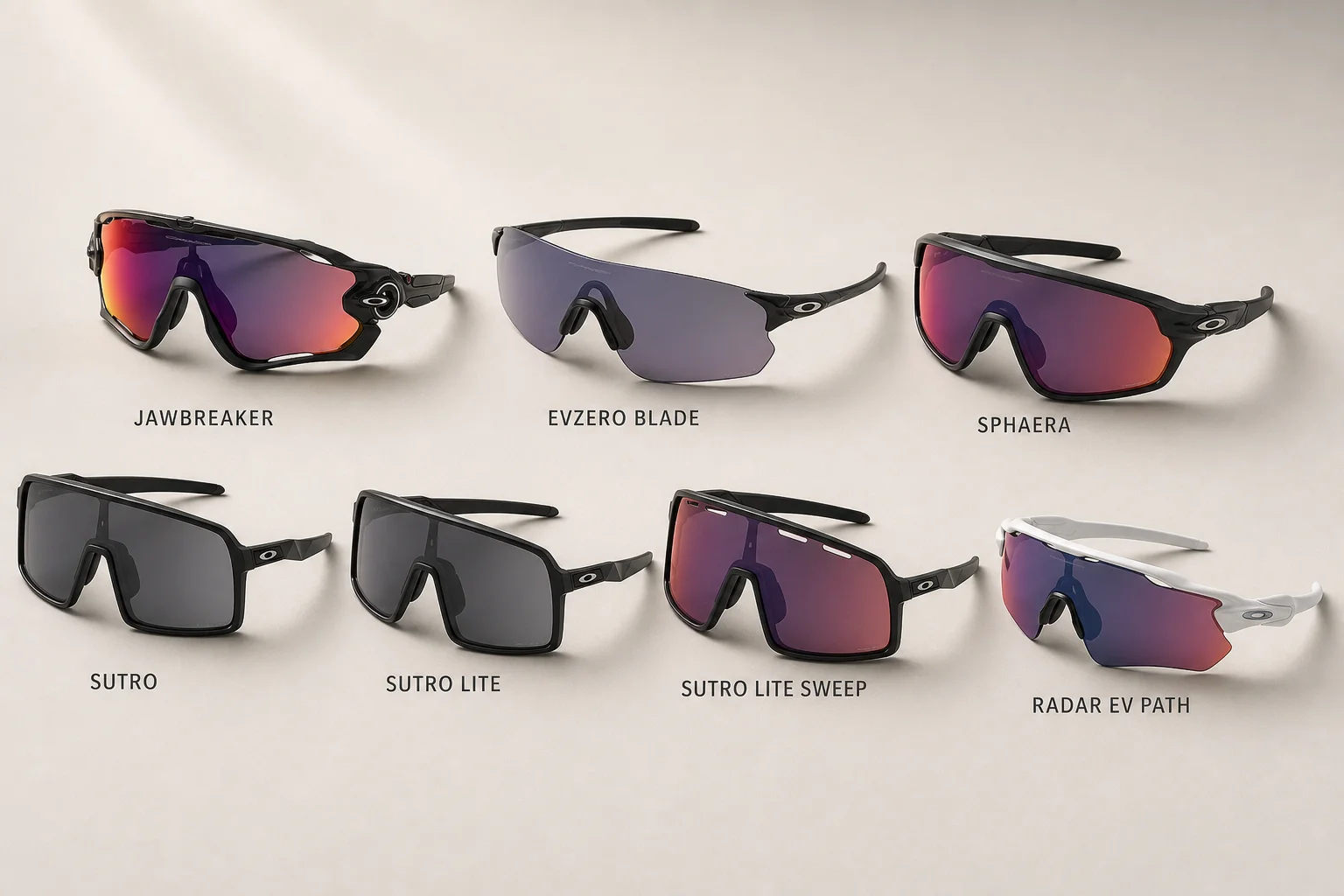 七款 Oakley 護目鏡式太陽眼鏡排列在素色背景上，展示不同的鏡框風格