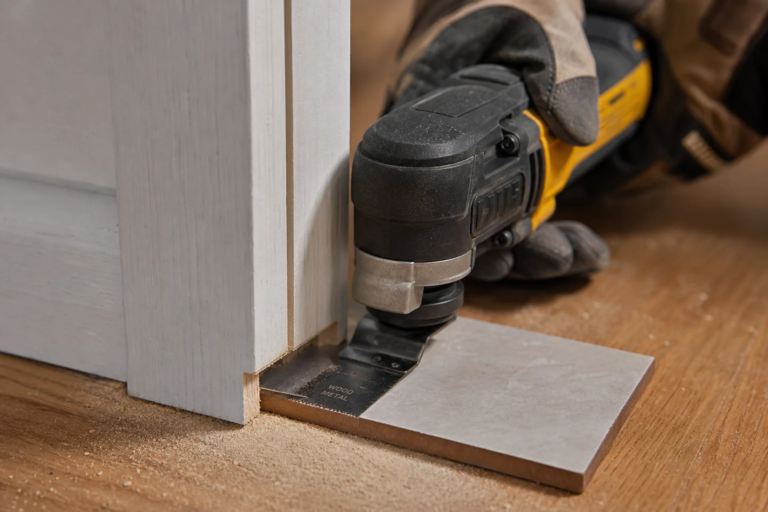 Oscillating multi-tool undercutting a door jamb with tile support