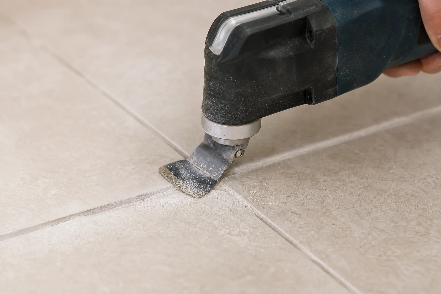 Oscillating multi-tool with diamond grit blade removing grout lines from tile