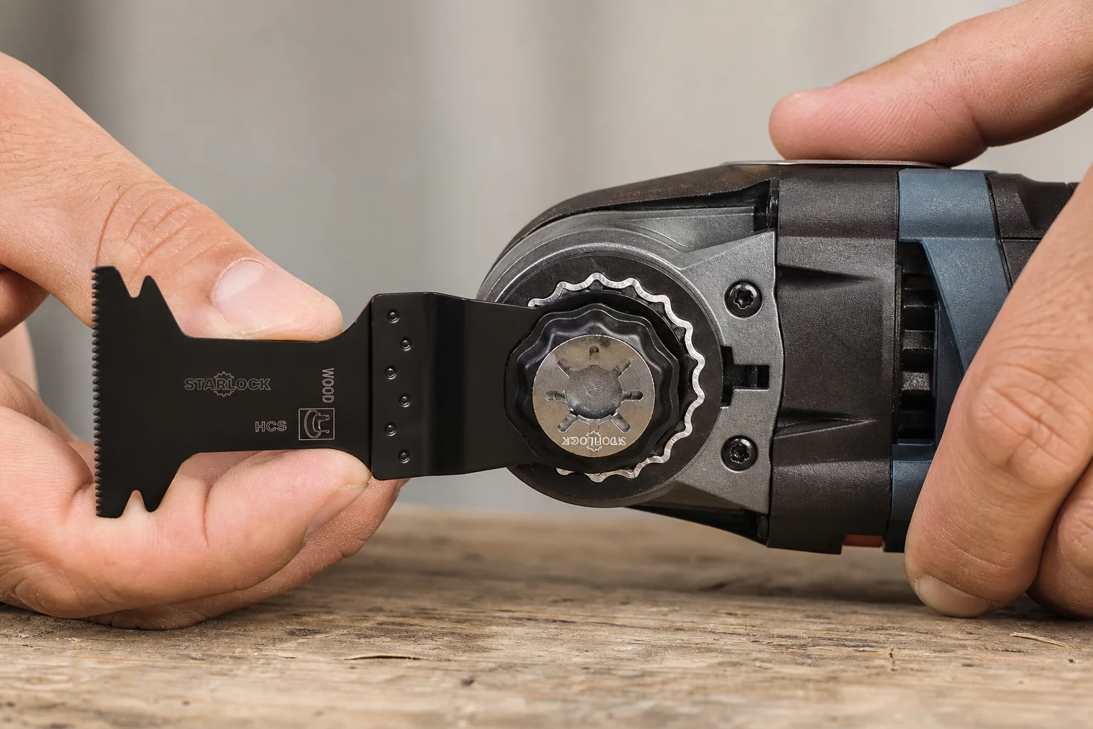 Oscillating multi-tool blade change mechanism with starlock interface