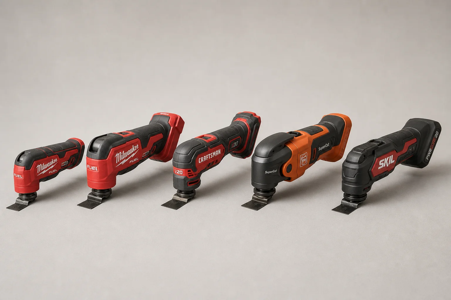 Five cordless oscillating multi-tools arranged in a row on neutral backdrop