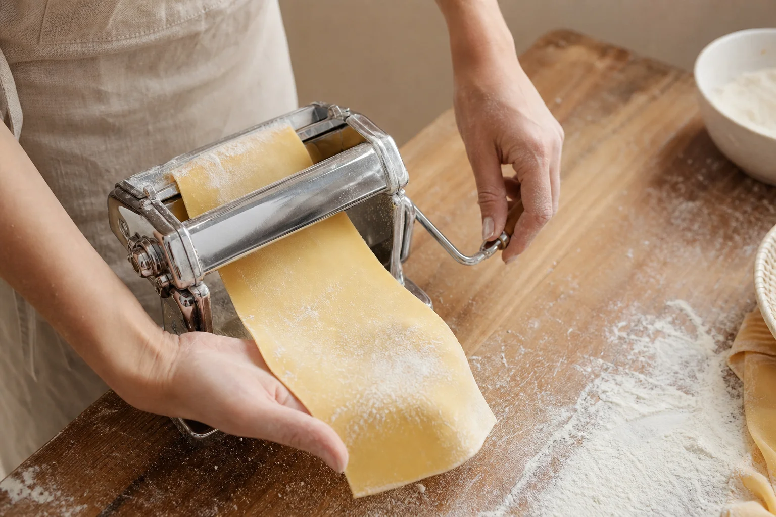 Hands rolling fresh pasta dough through a stainless steel pasta machine