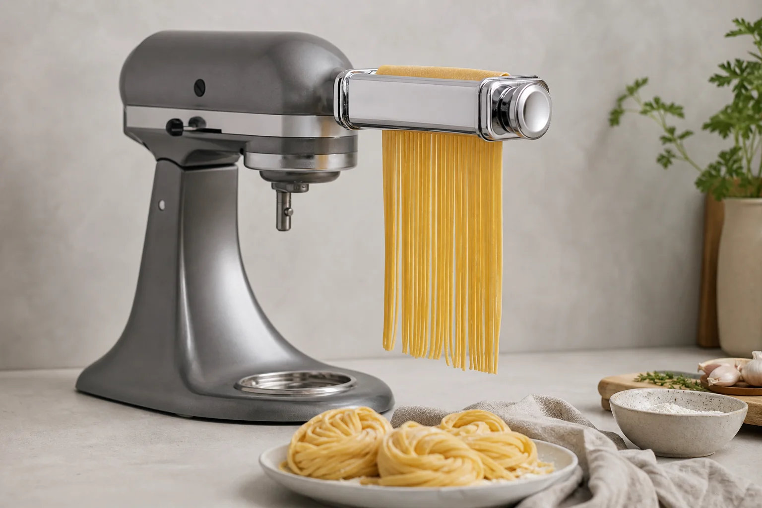 KitchenAid stand mixer with pasta roller attachment in use, fresh pasta emerging