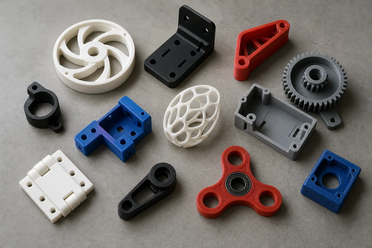 Pièces imprimées en 3D assorties dans diverses couleurs sur un plan de travail