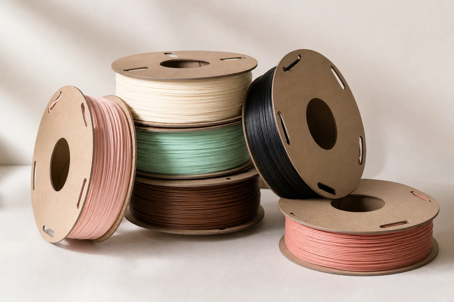 Bobines de filament PLA colorées empilées montrant une variété de couleurs