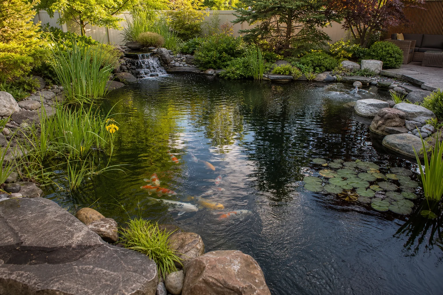 Backyard pond with clear water and healthy aquatic plants