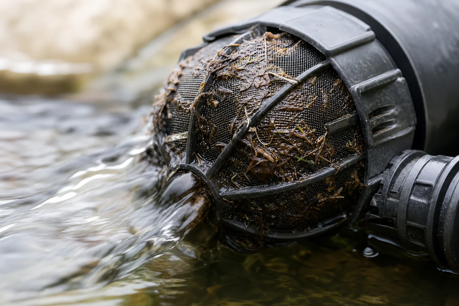 Close-up of pond pump intake with pre-filter screen catching debris