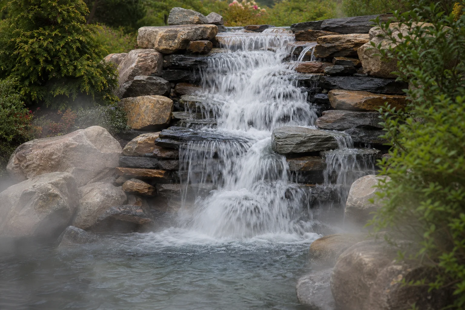 Waterfall feature in a garden pond with strong water flow