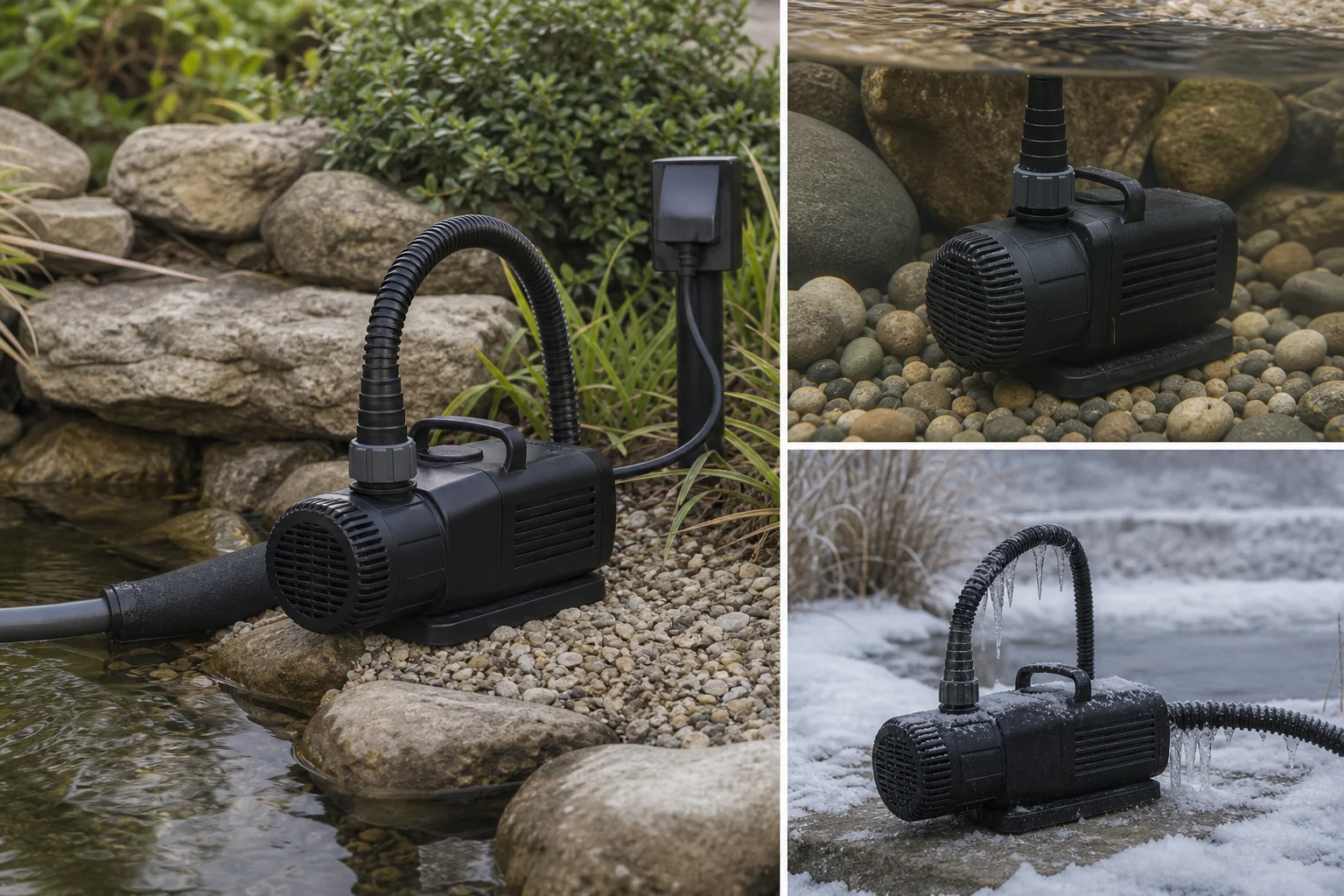 Pond pump installation with cable and hose connections in outdoor setting