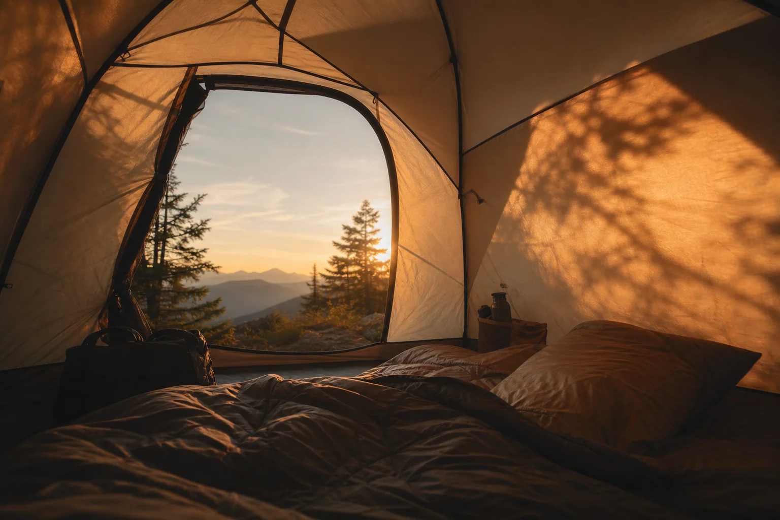 Tent interior at dusk with warm golden light and sleeping area