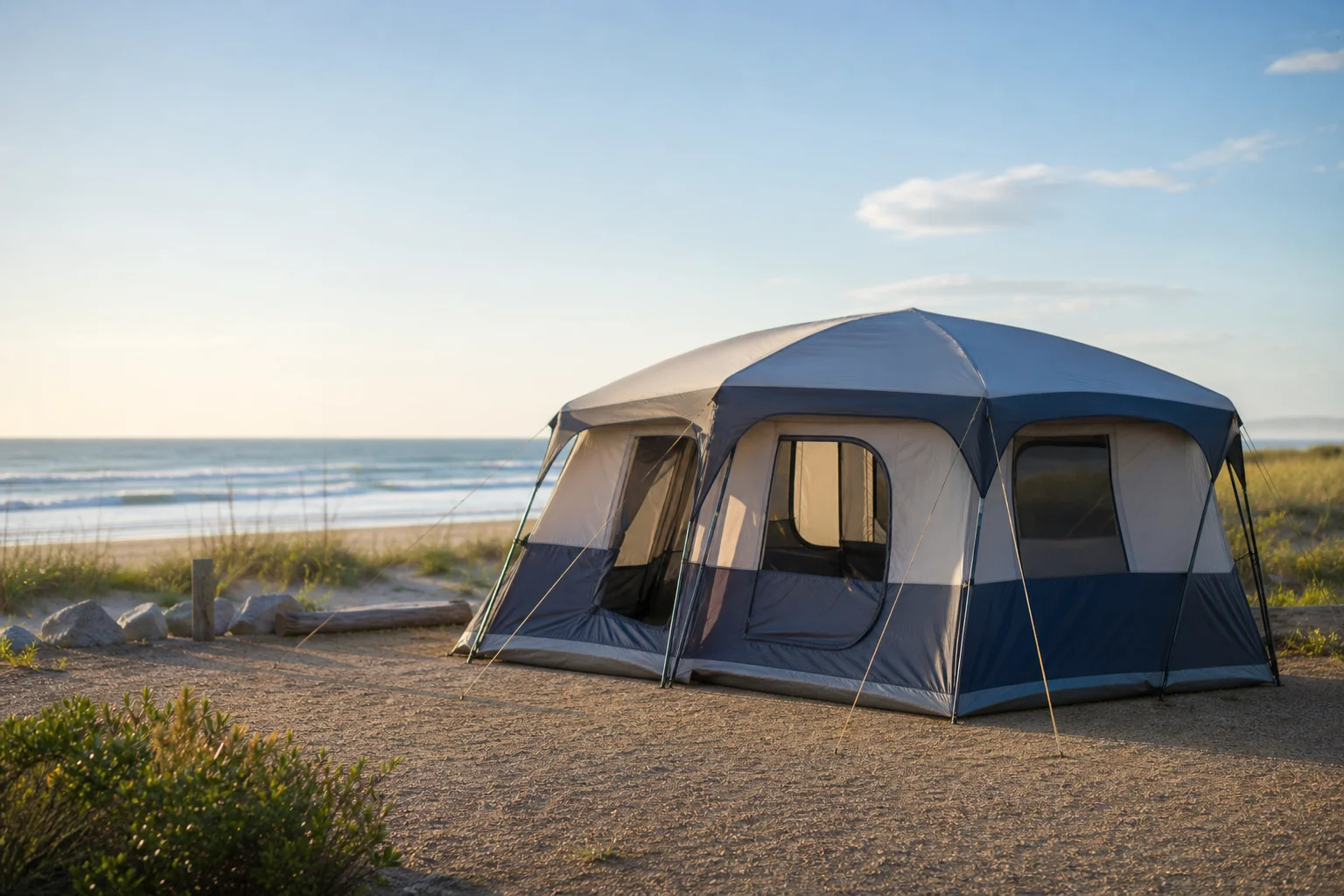 Family tent at beach campsite with ocean and dunes in background