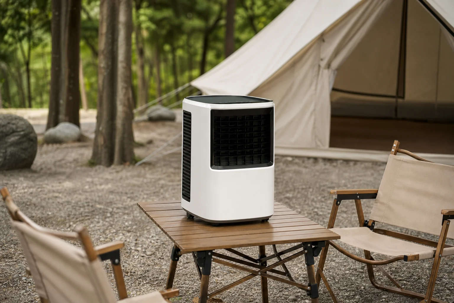 Portable AC unit on camping table with chairs and trees nearby
