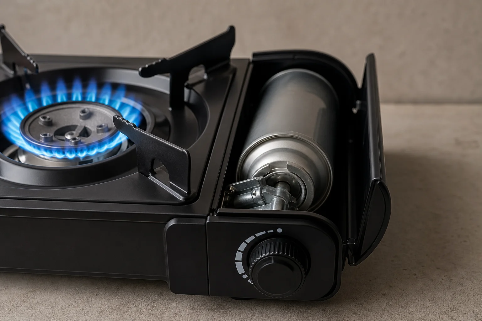 Gas burner with ignited flame and butane canister installed