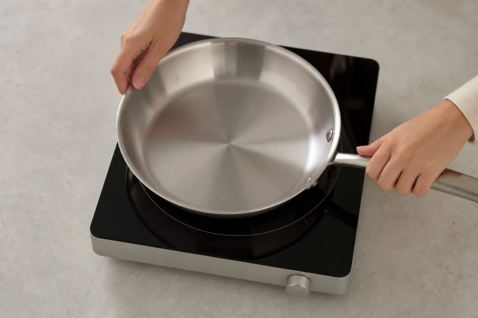 Hands placing stainless steel skillet on induction burner surface