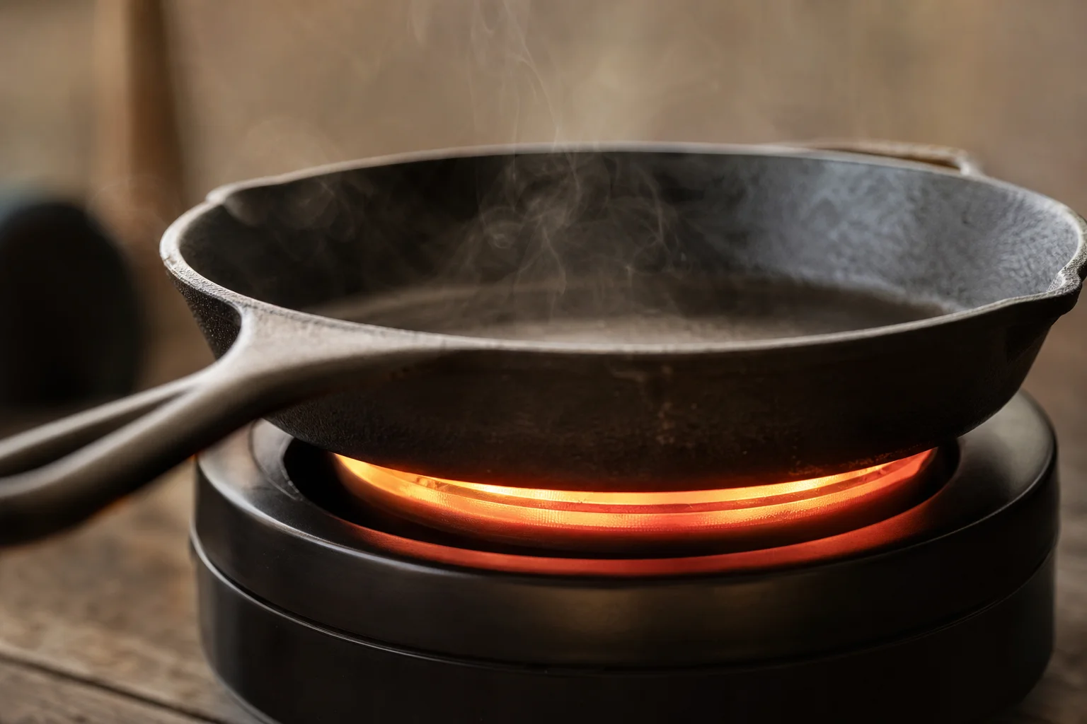 Cast iron cookware heating on a portable stove burner with steam rising