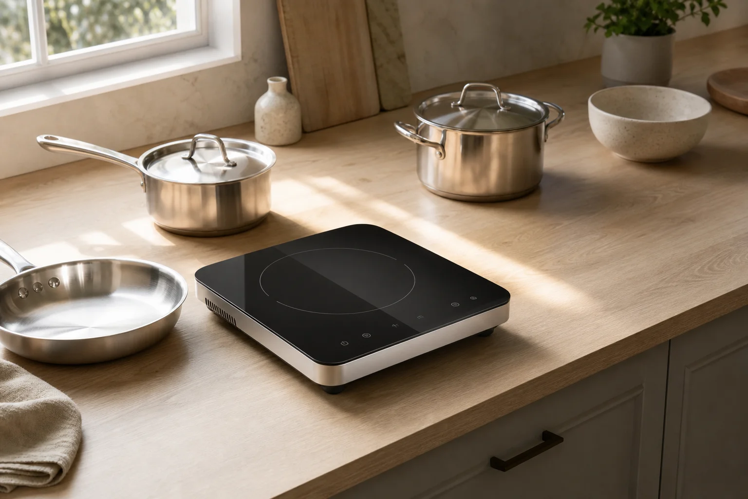 Portable induction cooktop on a kitchen counter with cookware ready to use
