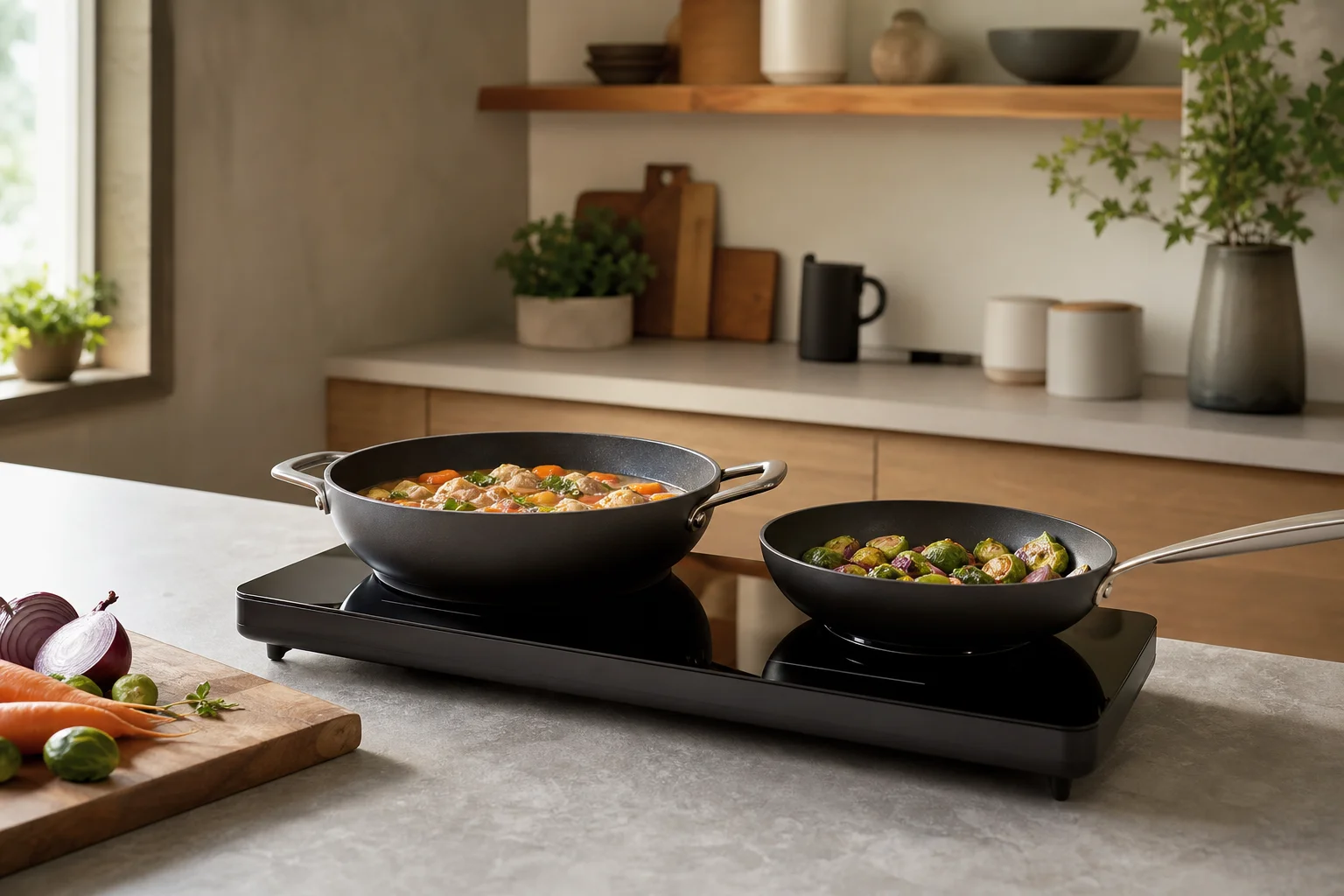 Dual-burner induction cooktop with two pans cooking simultaneously in a kitchen