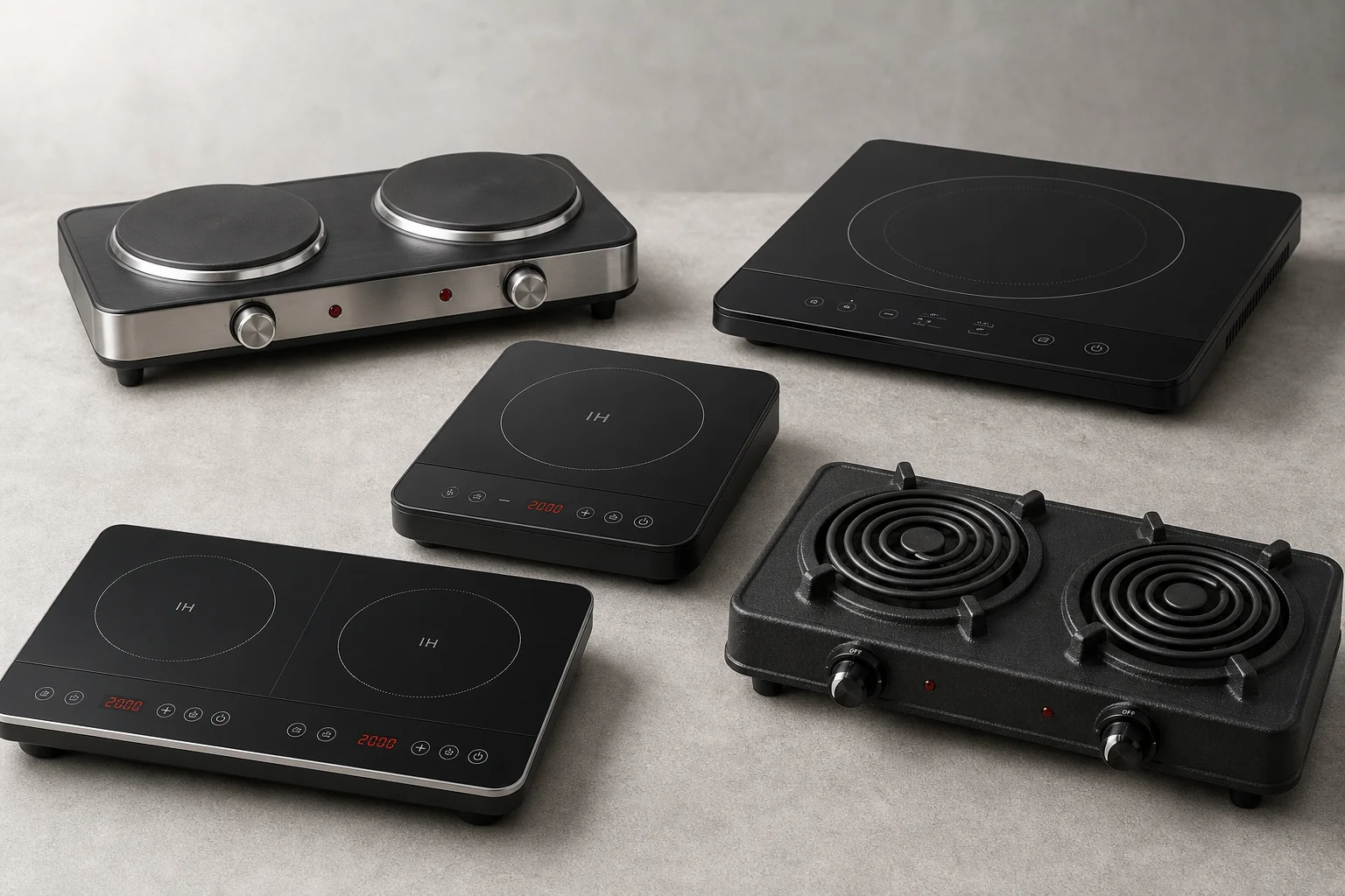 Five portable electric stoves displayed on grey concrete surface