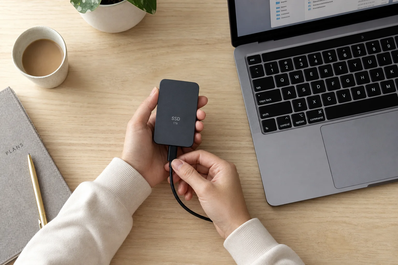 手持輕巧的可攜式 SSD，並放置於筆記型電腦旁進行尺寸對比
