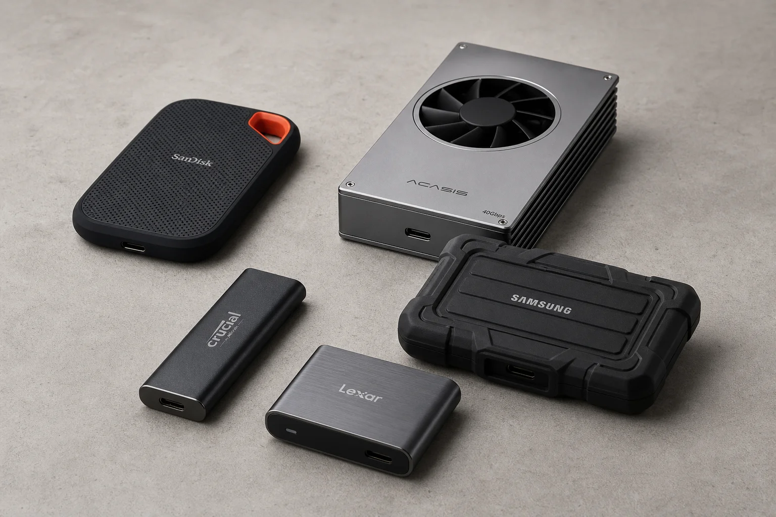 五款外部 SSD 擺放在水泥表面上，展示出不同的外型規格與設計