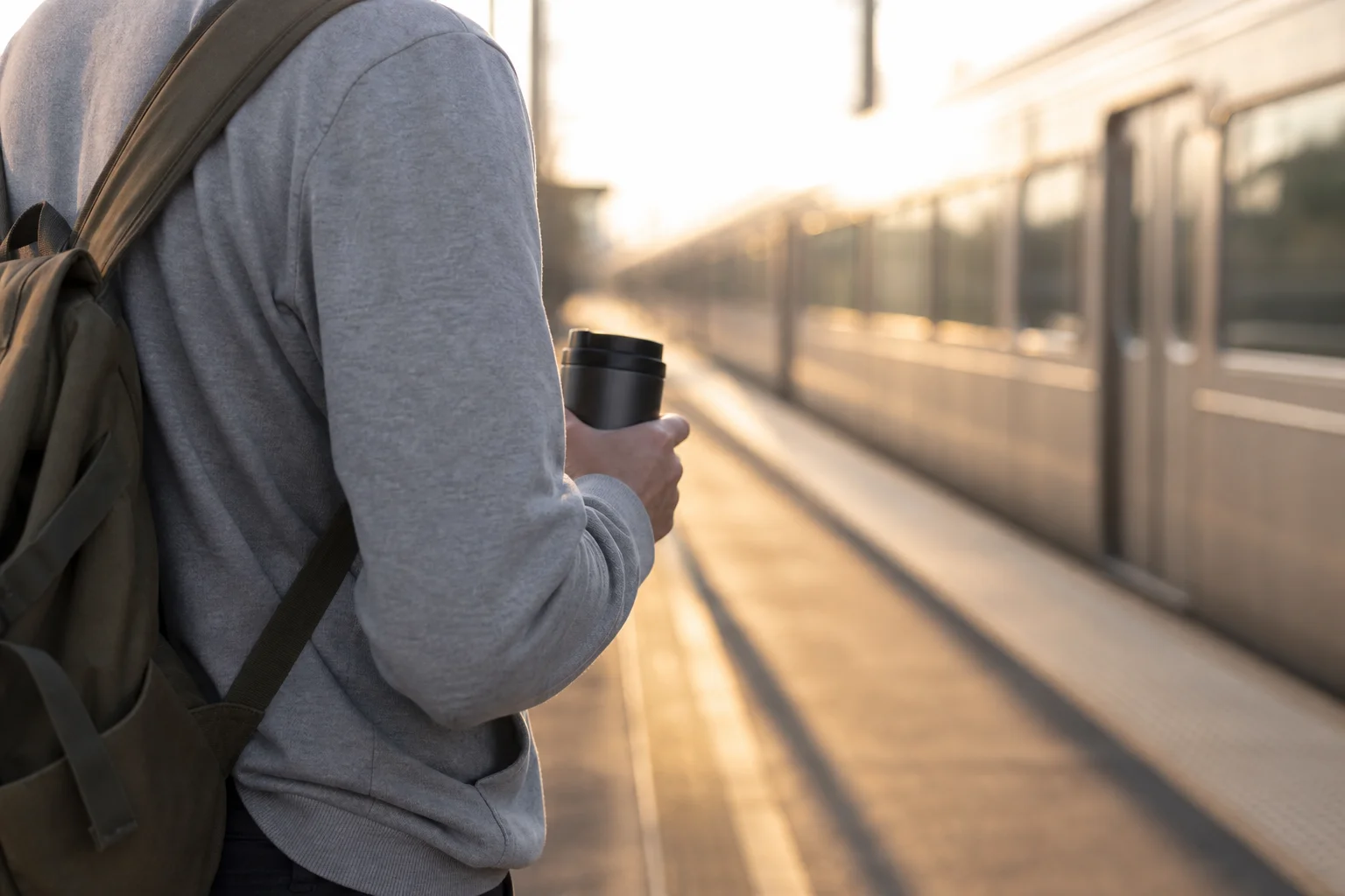 通勤者在清晨的火車站月台上拿著旅行咖啡杯