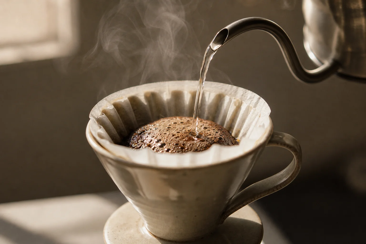 Hot water pouring from gooseneck kettle into ceramic dripper