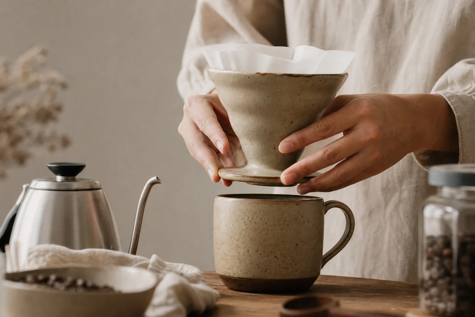Hands positioning ceramic dripper during brewing process