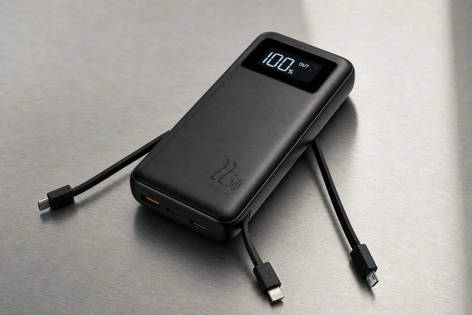 Power bank with digital display and integrated cables on brushed metal surface