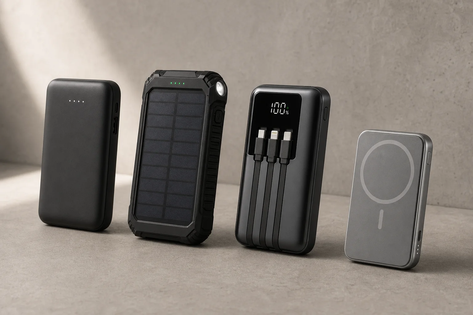 Four power banks arranged on concrete: basic, solar, digital display, and magnetic models