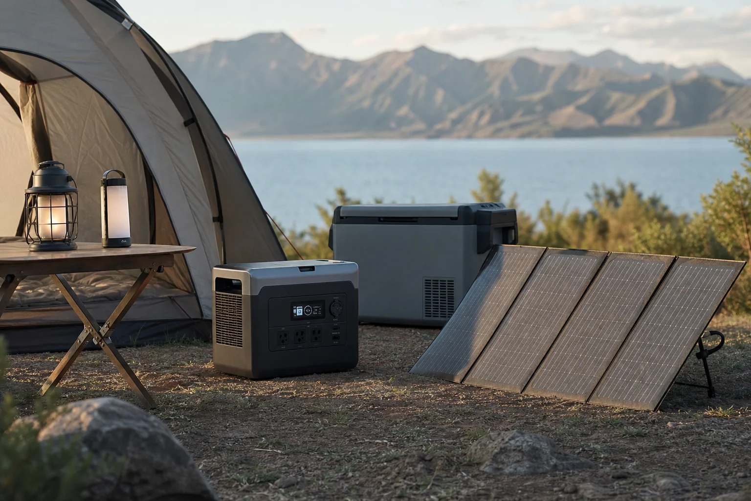 Portable power station with solar panel setup at a tent camping site