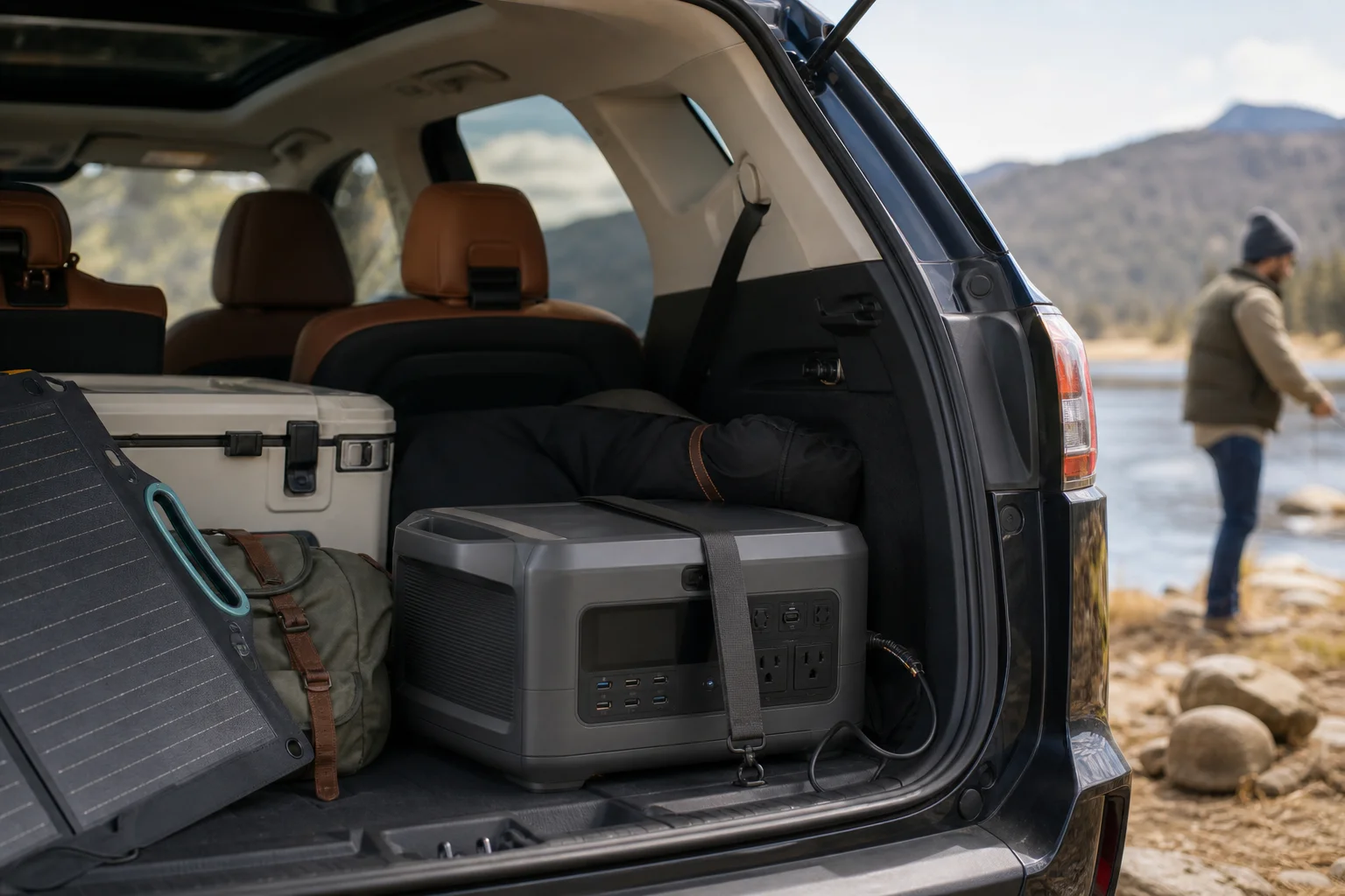 Power station mounted in the back of a vehicle with camping equipment