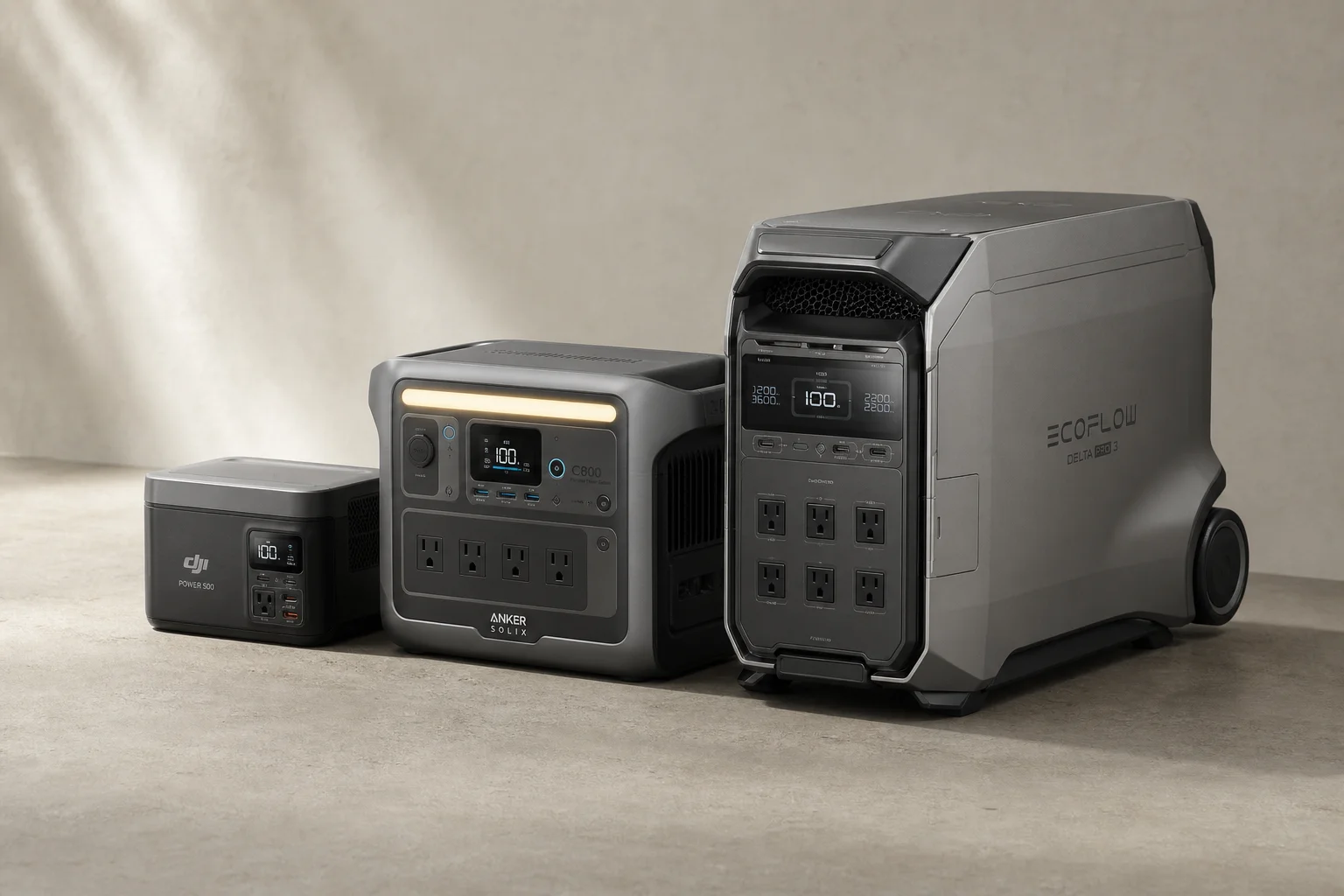 Collection of portable power stations from compact to large capacity models on concrete