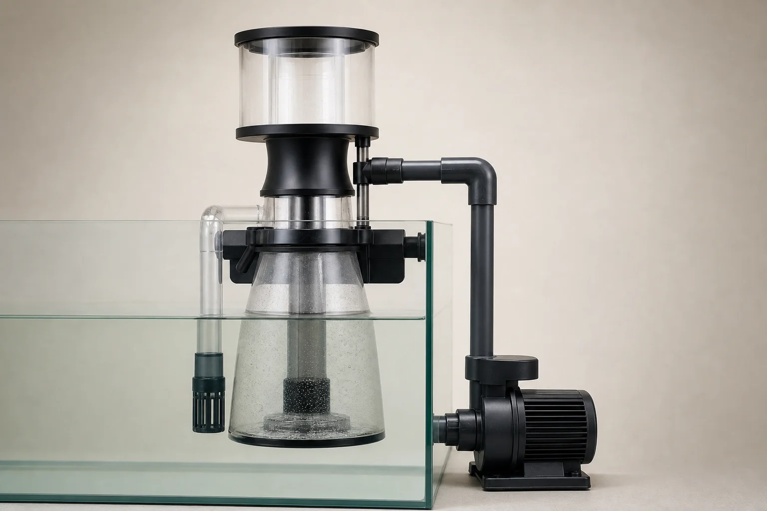 Siphon-design protein skimmer with external pump mounting outside tank