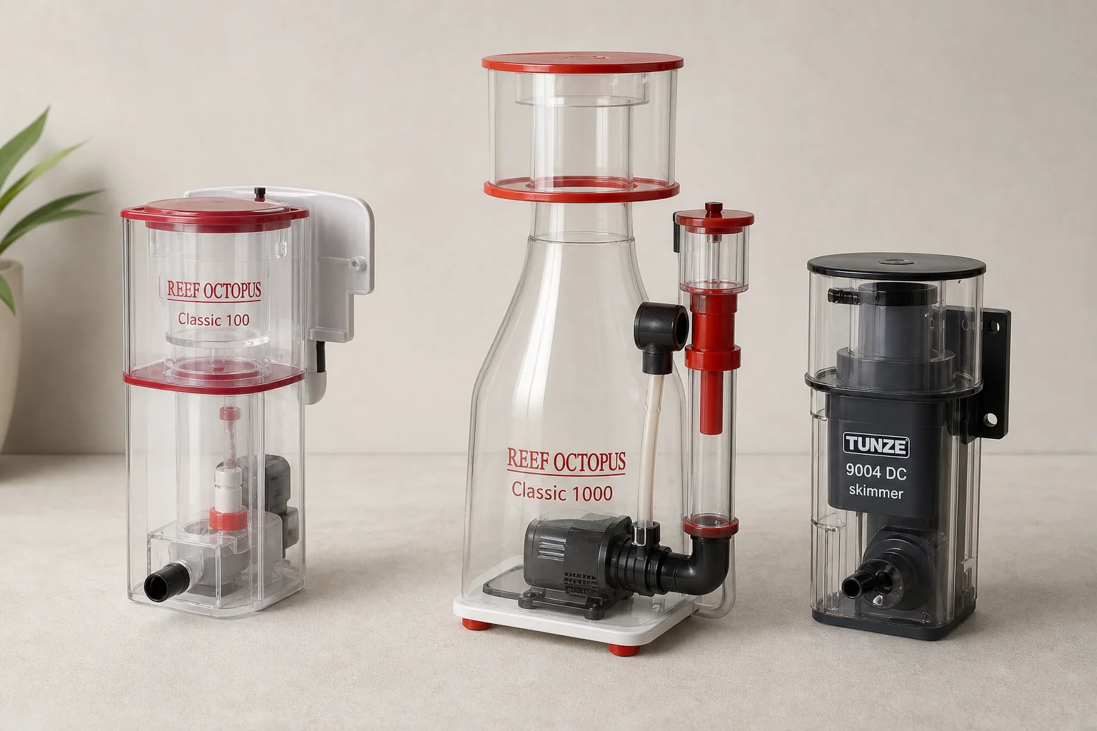 Three protein skimmers: Reef Octopus Classic 100, Classic 1000, and Tunze 9004 DC on neutral surface