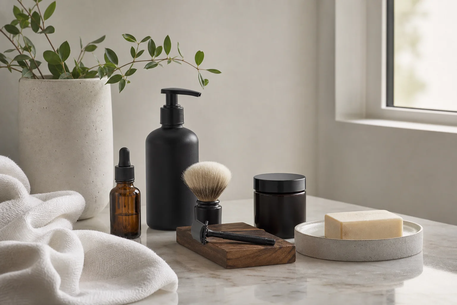 Bathroom counter with grooming products and towel in morning light