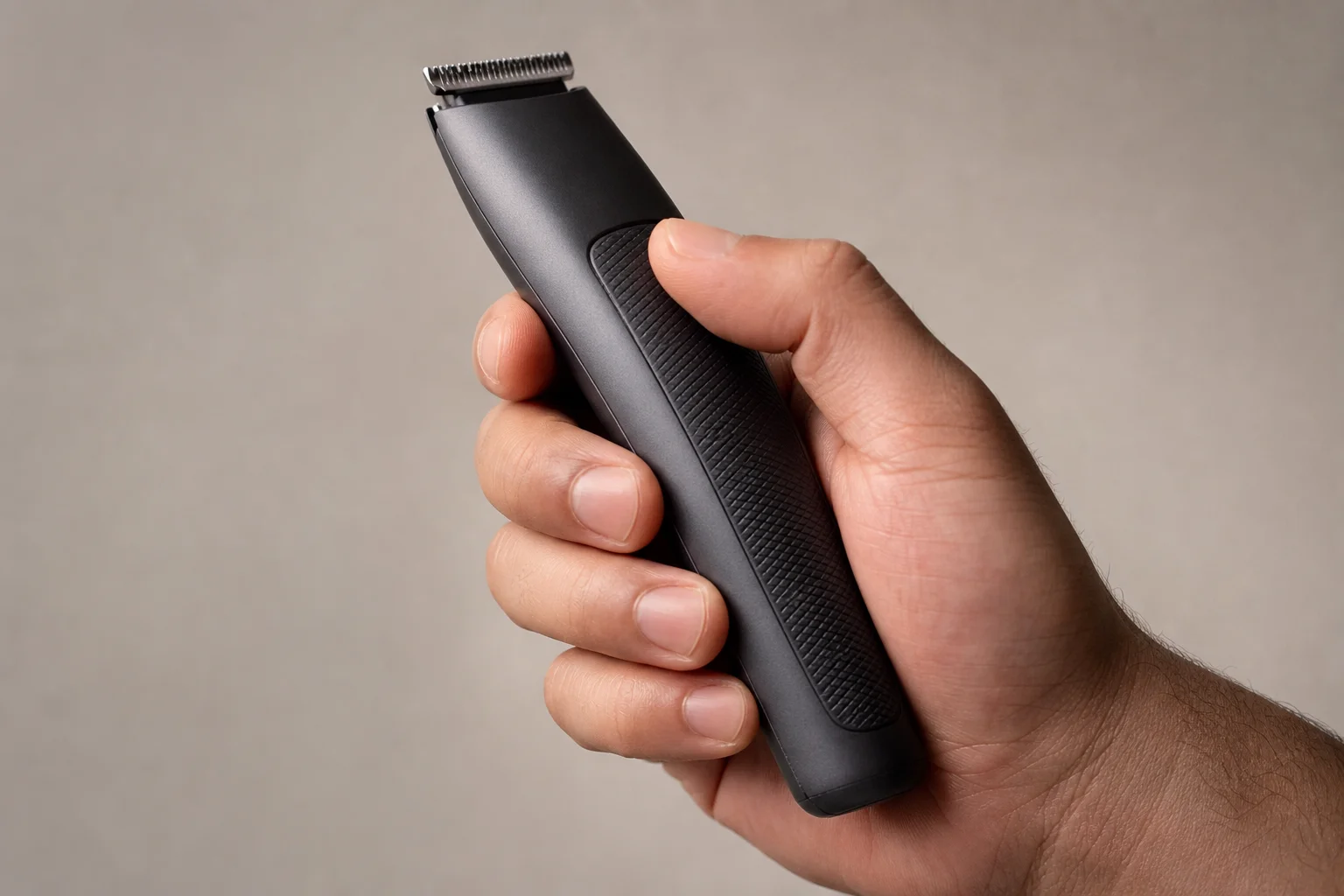 Hand holding a grooming trimmer demonstrating ergonomic grip