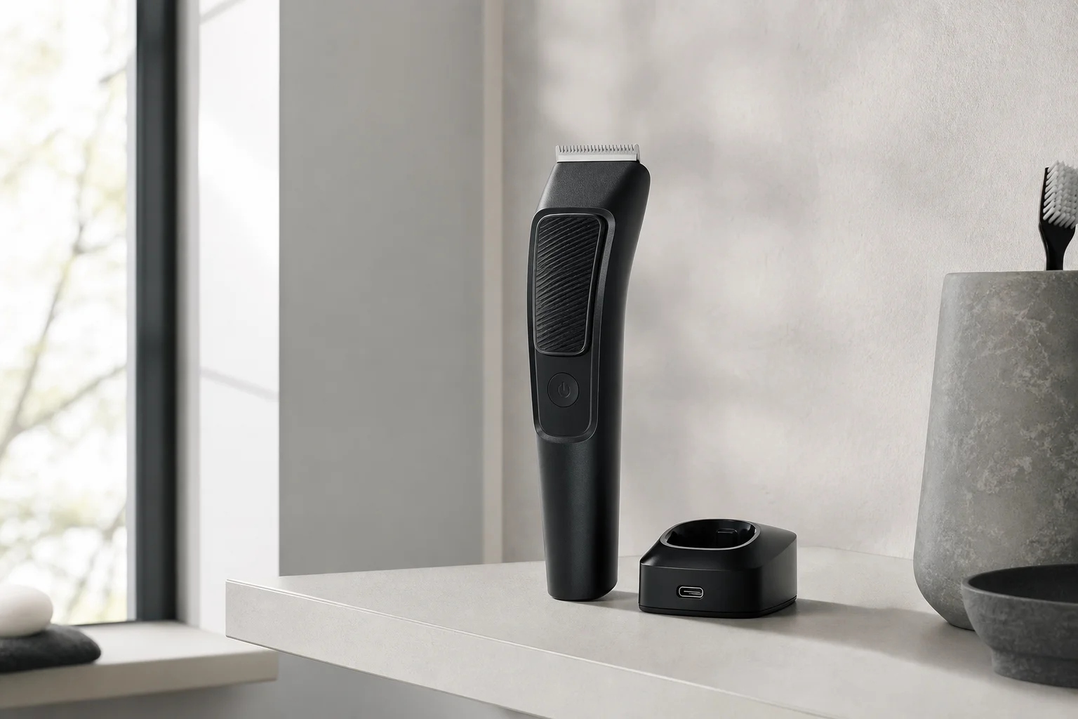 Grooming trimmer with USB charging dock on bathroom shelf