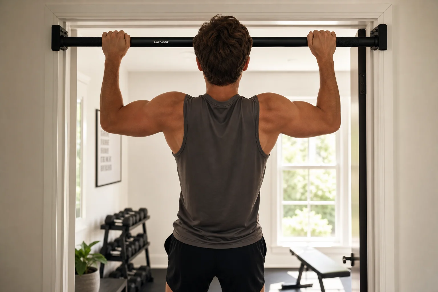Person performing a pull-up on a doorway-mounted bar in a home gym setting