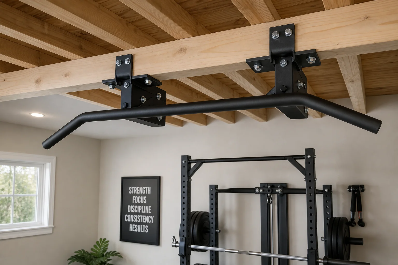 Joist-mounted pull-up bar installation showing ceiling attachment and stability