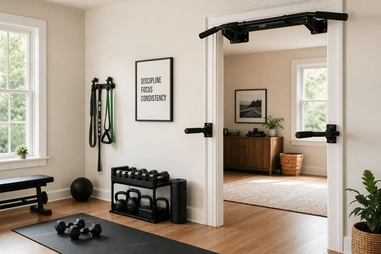 Home gym space with pull-up bar setup showing versatility for multiple exercises