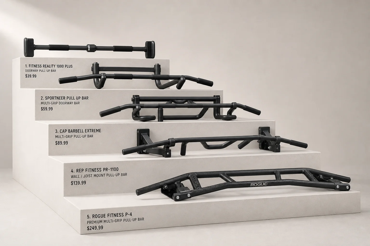 Five pull-up bars arranged in descending order showing variety of designs and styles