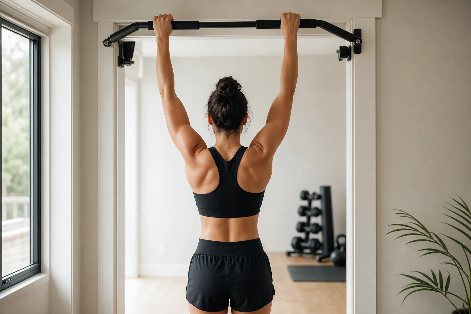 Person performing a pull up on a doorway bar with proper form