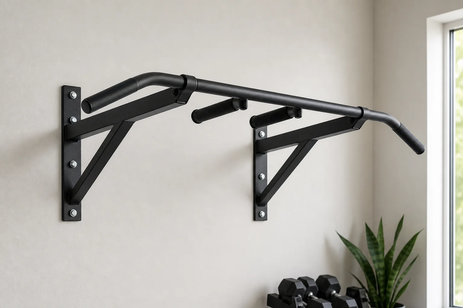Wall-mounted pull up bar installation on a solid interior wall
