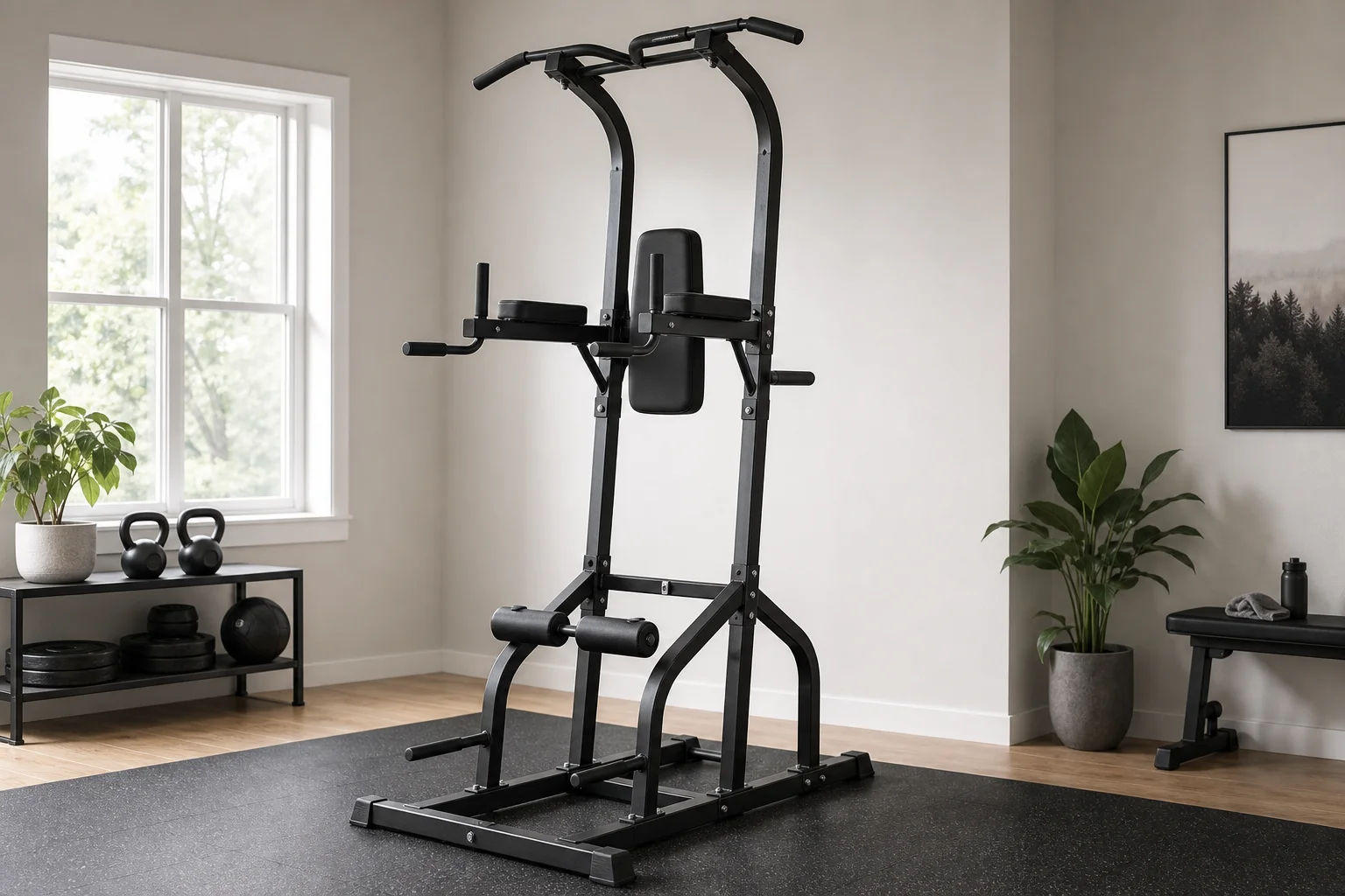 Freestanding power tower with multiple exercise stations in a home gym