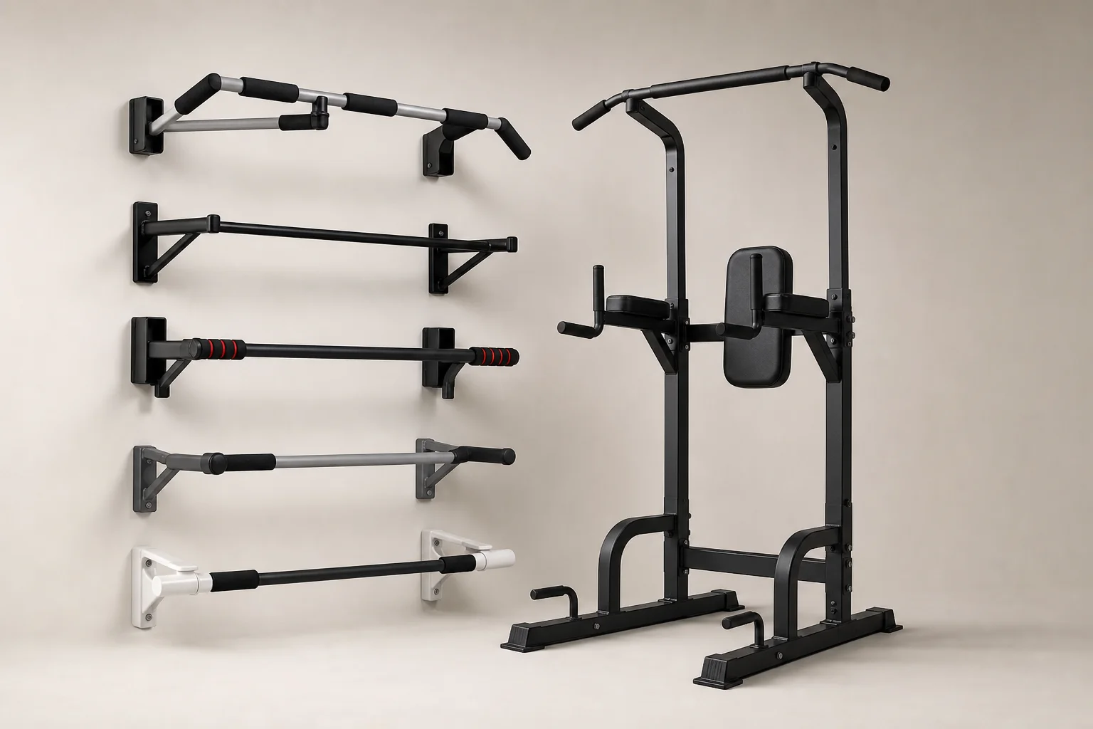 Six pull up bars and training towers arranged on neutral backdrop
