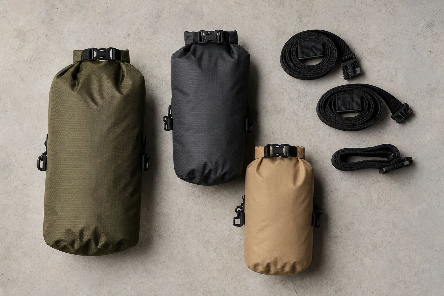 各式 bikepacking 防水袋與綁帶陳列於中性表面上