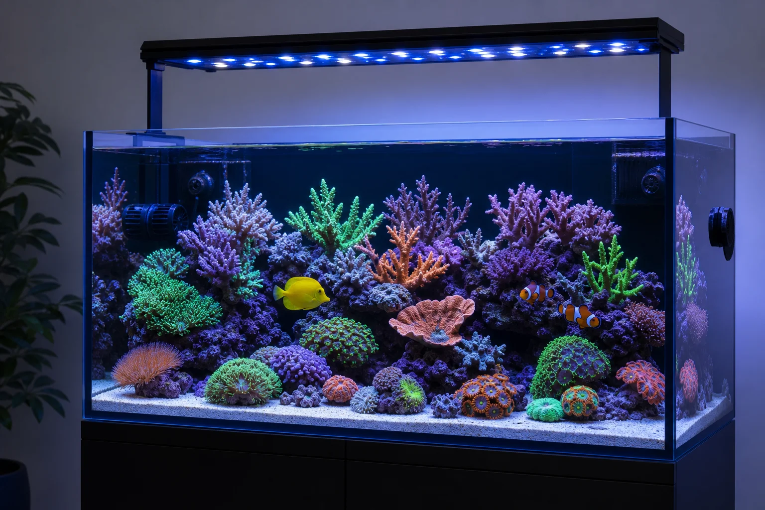 Reef aquarium with vibrant corals under blue and white LED spectrum lighting