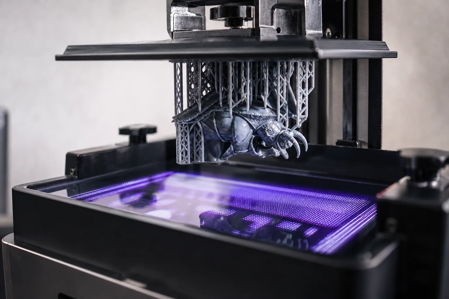 光固化 3D 列印機 LCD 螢幕的特寫，顯示出精細的模型分層
